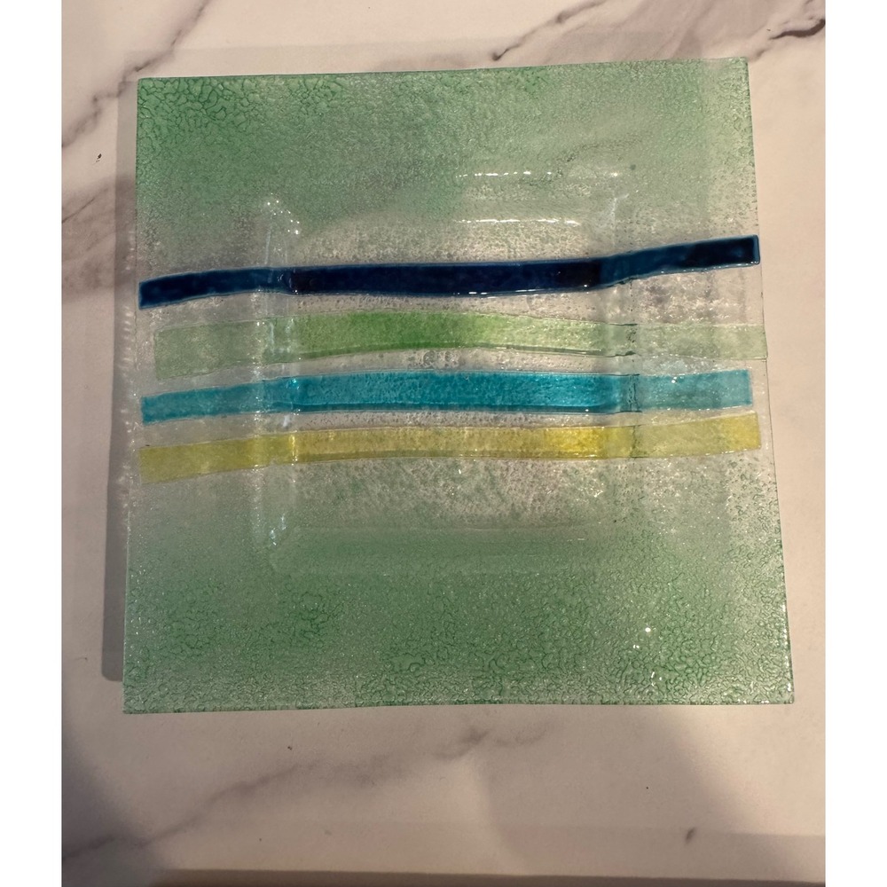 Fused Glass Square Plate Textured Multi Color Stripe Art Glass Tray 8 Inch